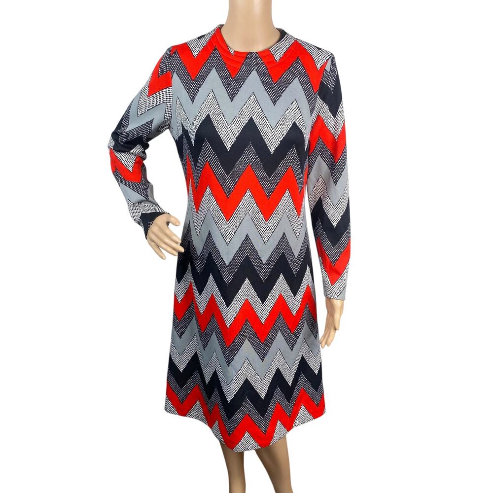 VTG 60s Lady Carol Mod Dress SZ 12 Zig Zag Graphic Print Mock Neck A-Line